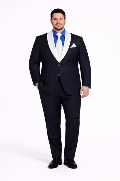 Men’s Black Blazer Suit with White & Sky Blue Lapel – Elegant Wedding Style