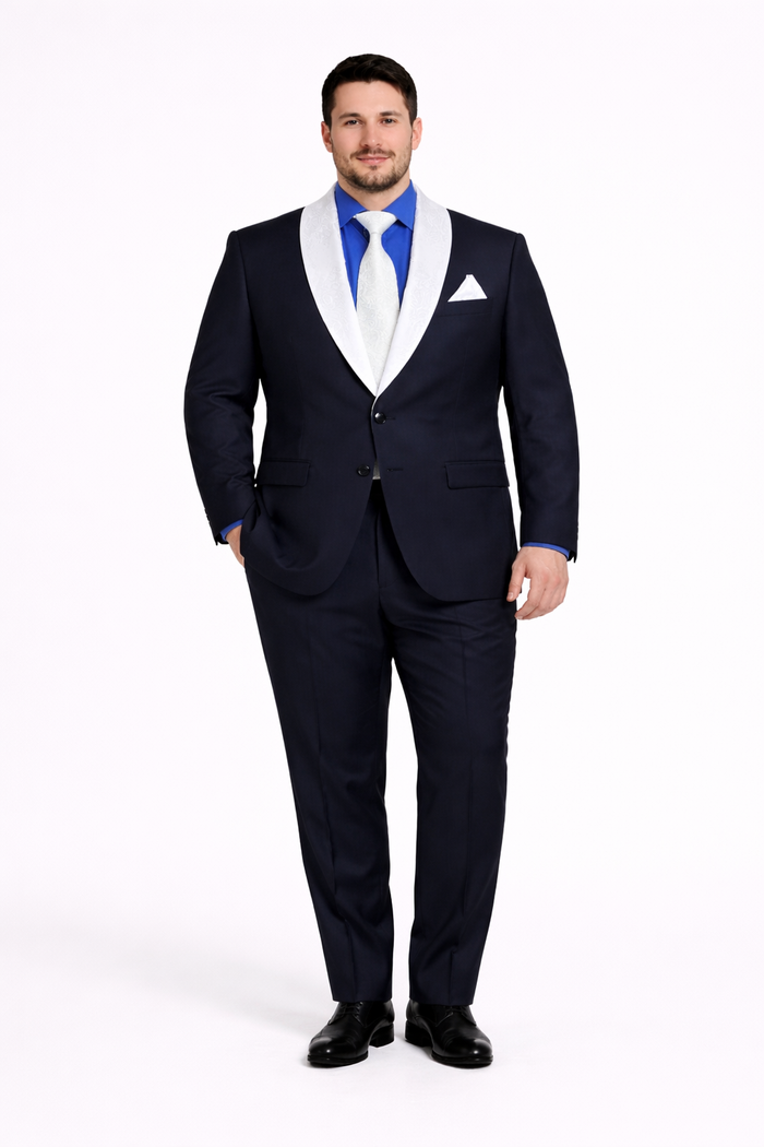 Men’s Black Blazer Suit with White & Sky Blue Lapel – Elegant Wedding Style