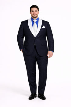 Men’s Black Blazer Suit with White & Sky Blue Lapel – Elegant Wedding Style