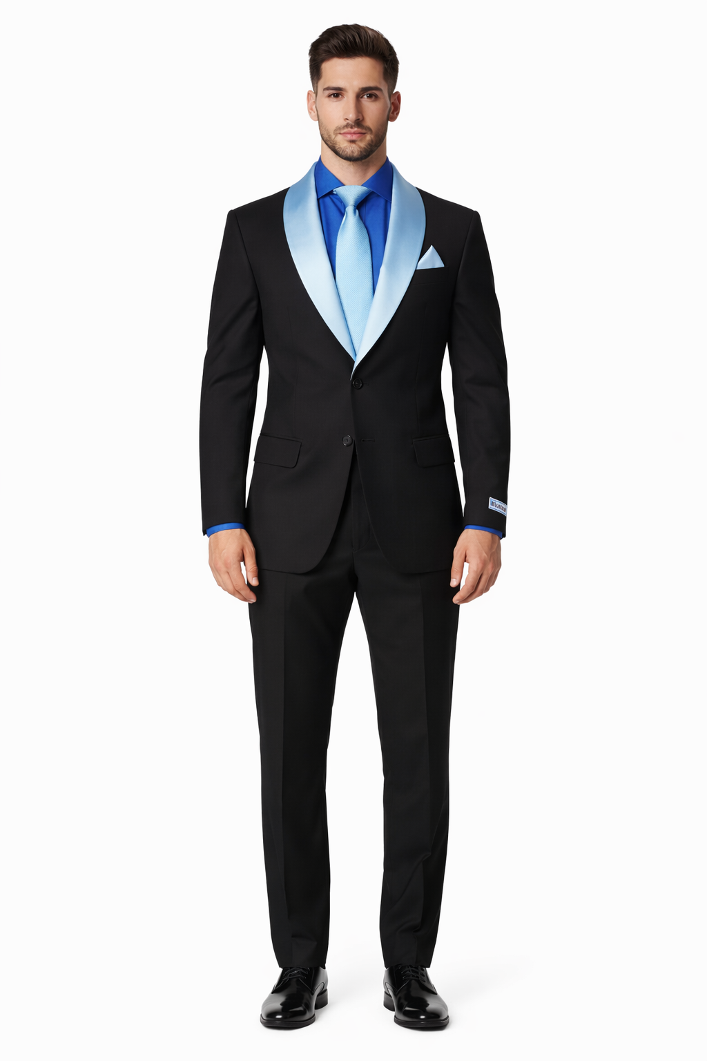 Men’s Black Blazer Suit with White & Sky Blue Lapel – Elegant Wedding Style