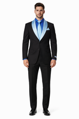 Men’s Black Blazer Suit with White & Sky Blue Lapel – Elegant Wedding Style