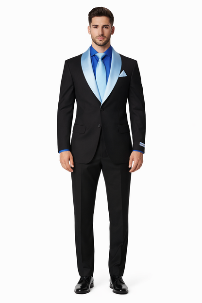 Men’s Black Blazer Suit with White & Sky Blue Lapel – Elegant Wedding Style