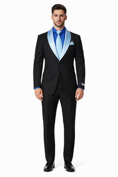 Men’s Black Blazer Suit with White & Sky Blue Lapel – Elegant Wedding Style