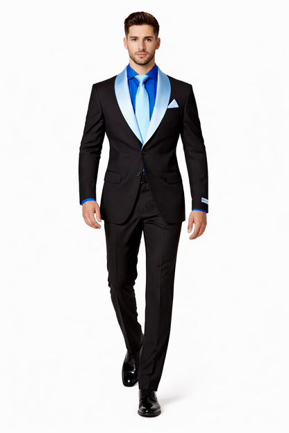 Men’s Black Blazer Suit with White & Sky Blue Lapel – Elegant Wedding Style