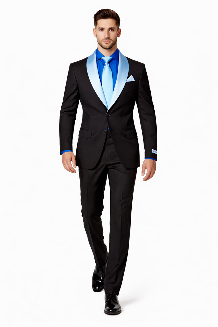 Men’s Black Blazer Suit with White & Sky Blue Lapel – Elegant Wedding Style
