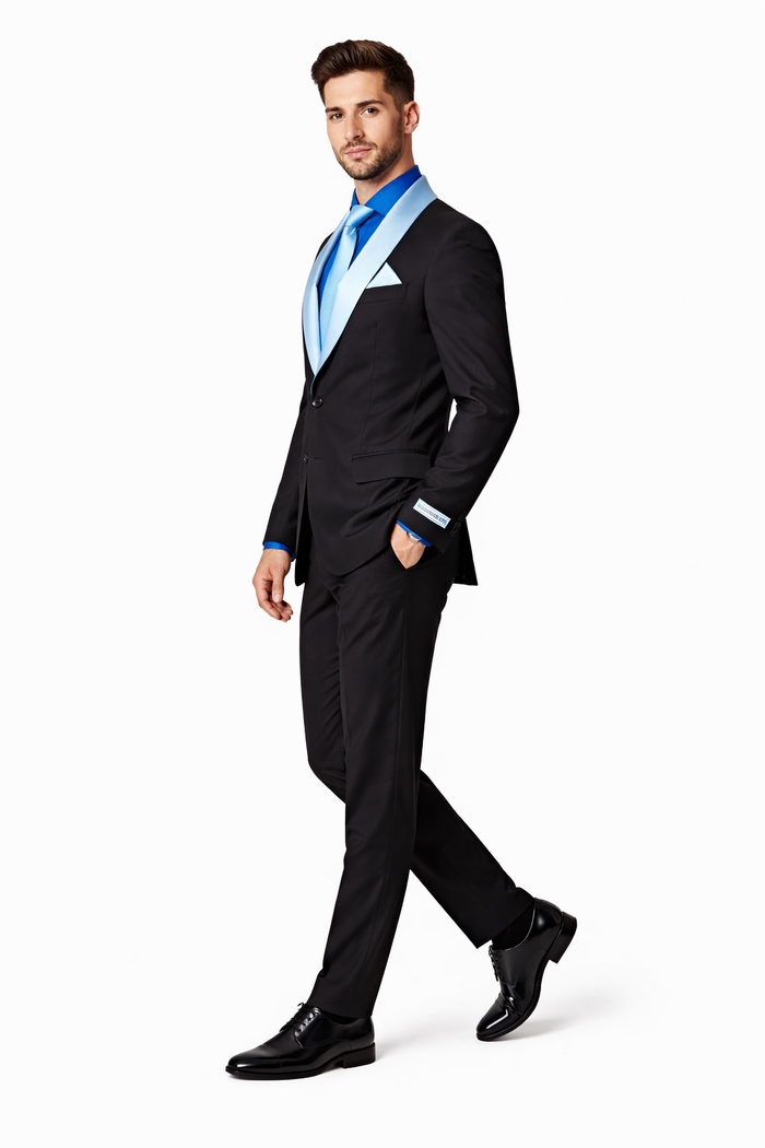 Men’s Black Blazer Suit with White & Sky Blue Lapel – Elegant Wedding Style