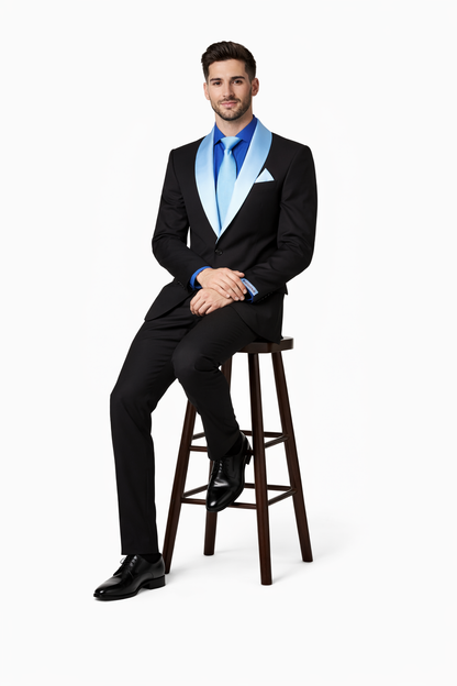 Men’s Black Blazer Suit with White & Sky Blue Lapel – Elegant Wedding Style