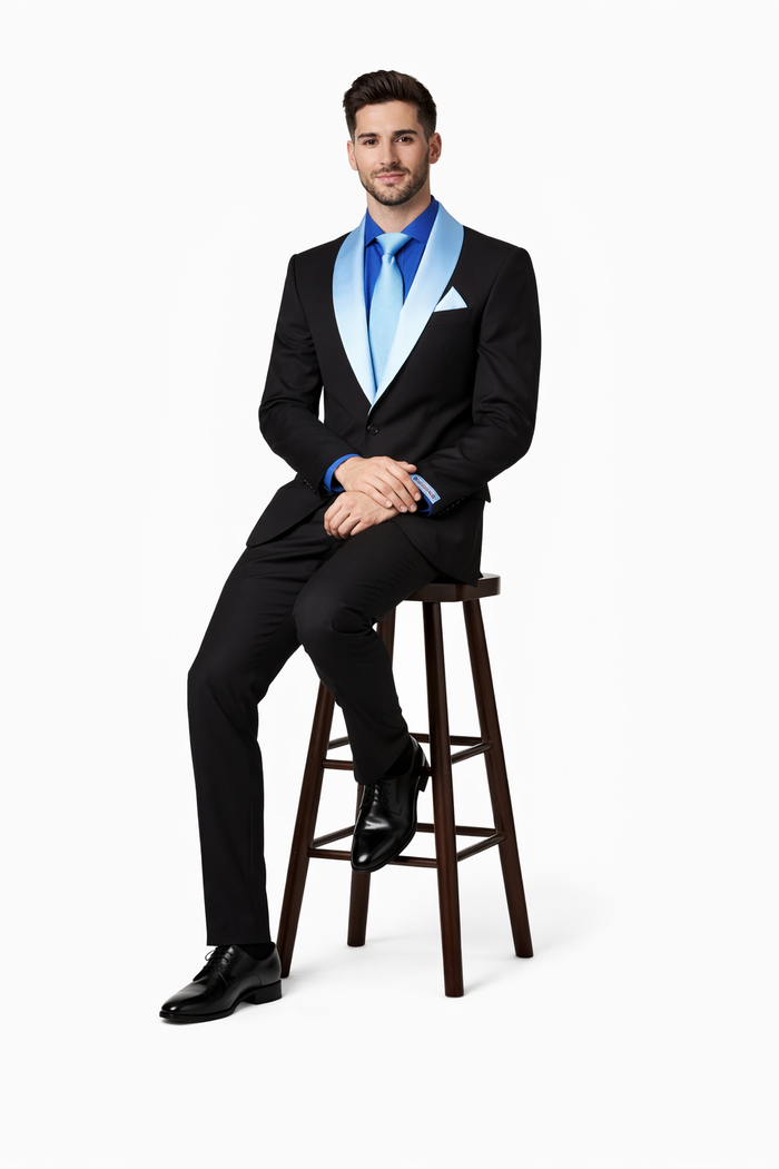 Men’s Black Blazer Suit with White & Sky Blue Lapel – Elegant Wedding Style