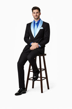 Men’s Black Blazer Suit with White & Sky Blue Lapel – Elegant Wedding Style