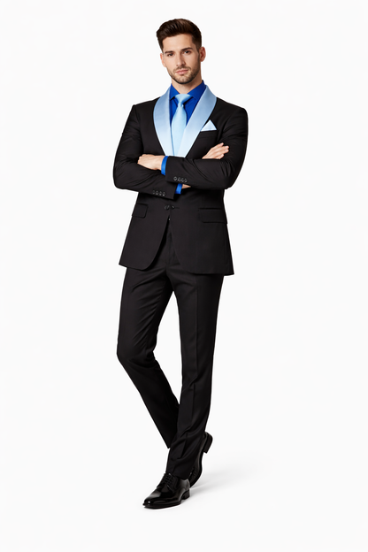 Men’s Black Blazer Suit with White & Sky Blue Lapel – Elegant Wedding Style