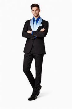 Men’s Black Blazer Suit with White & Sky Blue Lapel – Elegant Wedding Style