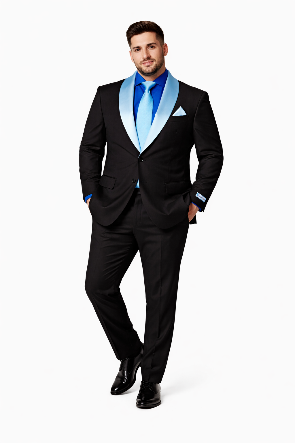 Men’s Black Blazer Suit with White & Sky Blue Lapel – Elegant Wedding Style