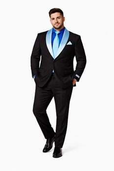 Men’s Black Blazer Suit with White & Sky Blue Lapel – Elegant Wedding Style
