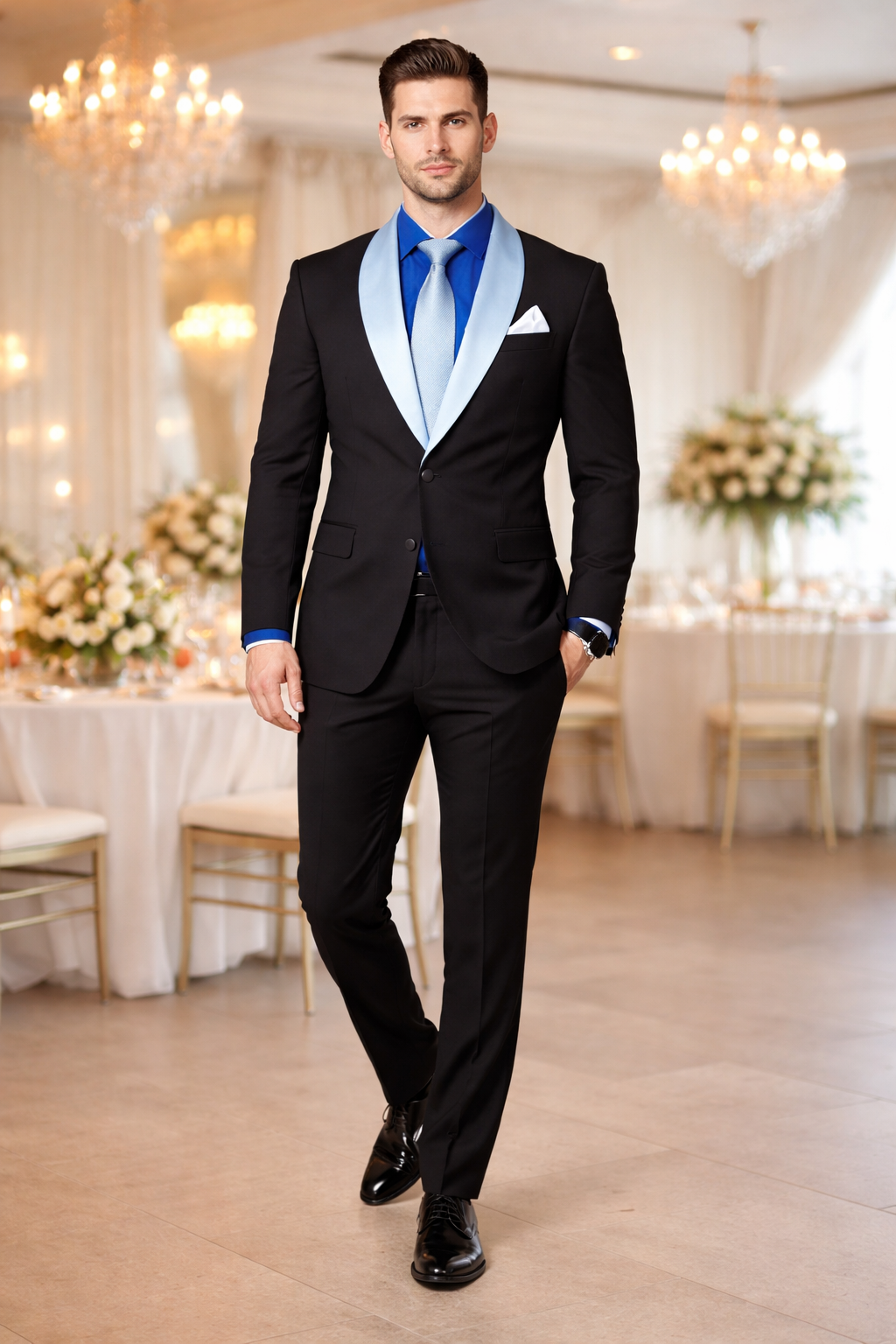 Men’s Black Blazer Suit with White & Sky Blue Lapel – Elegant Wedding Style