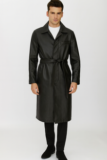 Men’s Black Belted Trench Coat – Long Leather Look Overcoat Full length