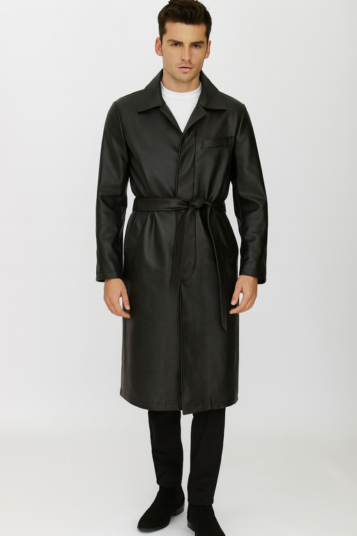 Men’s Black PU Belted Trench Coat – Long Leather Look Overcoat Full length