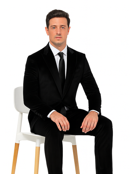 Tazzio Men’s Black Velvet Suit – Slim Fit 2-Piece Formal Peak Lapel