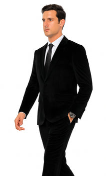 Tazzio Men’s Black Velvet Suit – Slim Fit 2-Piece Formal Peak Lapel