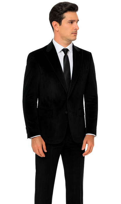 Tazzio Men’s Black Velvet Suit – Slim Fit 2-Piece Formal Peak Lapel