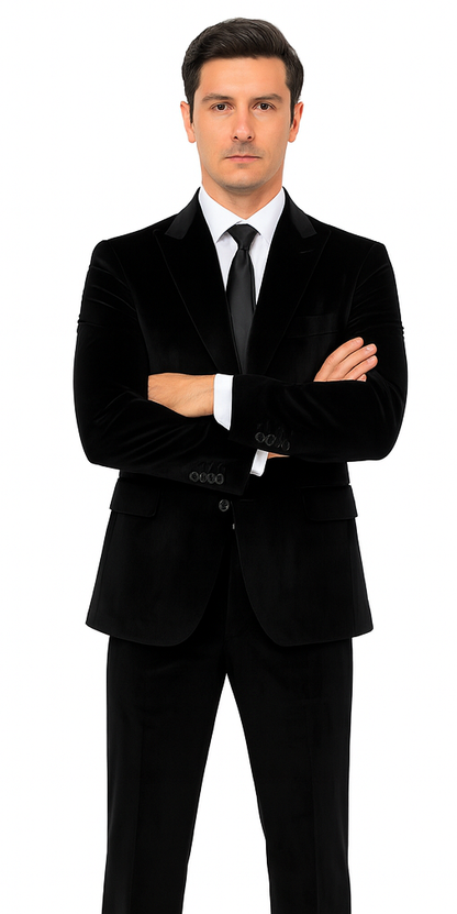 Tazzio Men’s Black Velvet Suit – Slim Fit 2-Piece Formal Peak Lapel