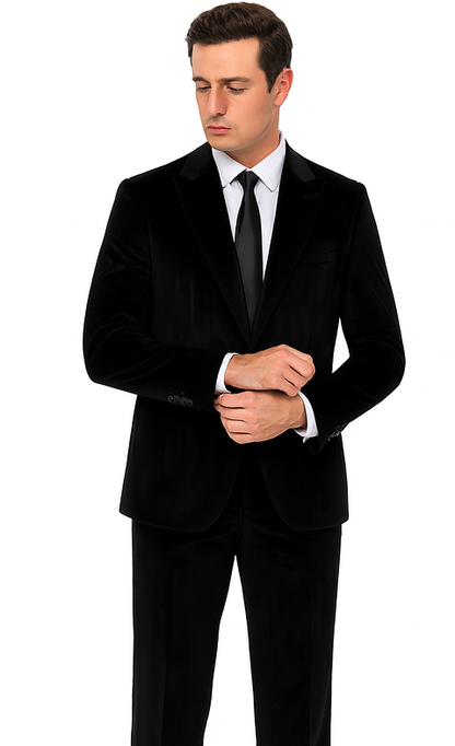 Tazzio Men’s Black Velvet Suit – Slim Fit 2-Piece Formal Peak Lapel