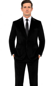 Tazzio Men’s Black Velvet Suit – Slim Fit 2-Piece Formal Peak Lapel