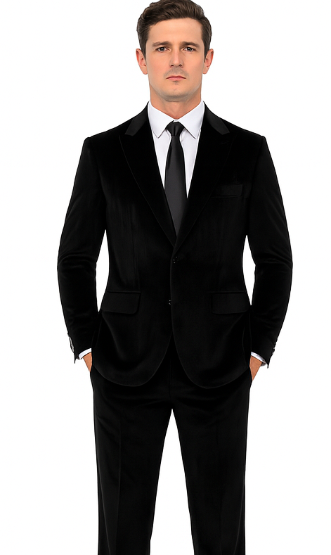 Tazzio Men’s Black Velvet Suit – Slim Fit 2-Piece Formal Peak Lapel