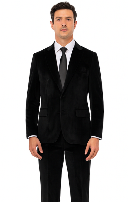 Tazzio Men’s Black Velvet Suit – Slim Fit 2-Piece Formal Peak Lapel