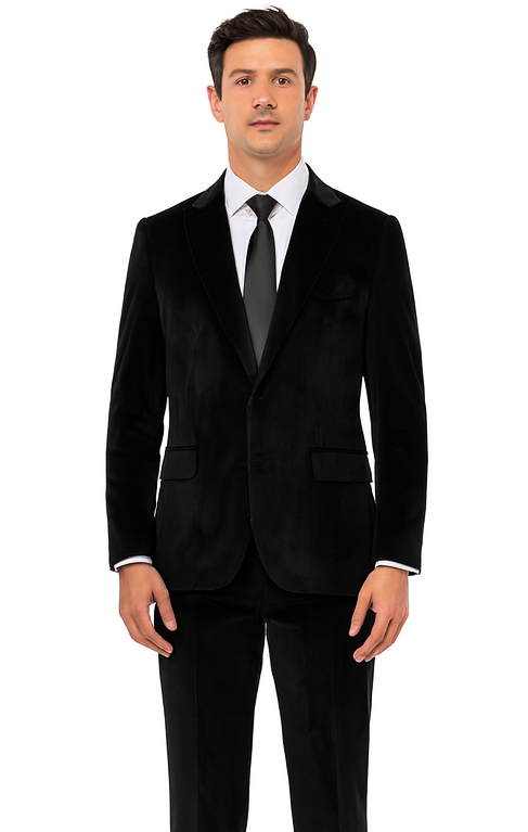 Tazzio Men’s Black Velvet Suit – Slim Fit 2-Piece Formal Peak Lapel