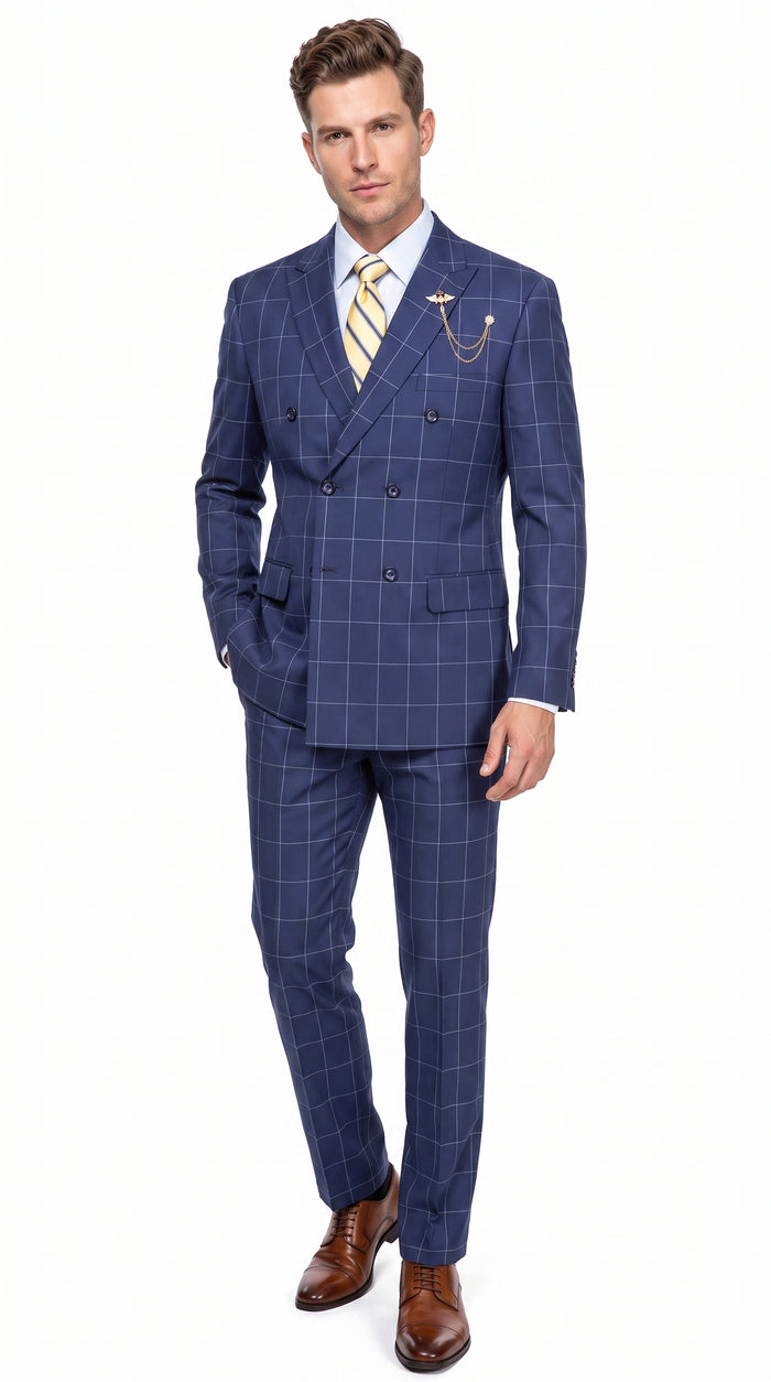 Mens Blue Plaid Double-Breasted Suit – Side-Vented Wedding, Business and Formal Suit  Modern Fit