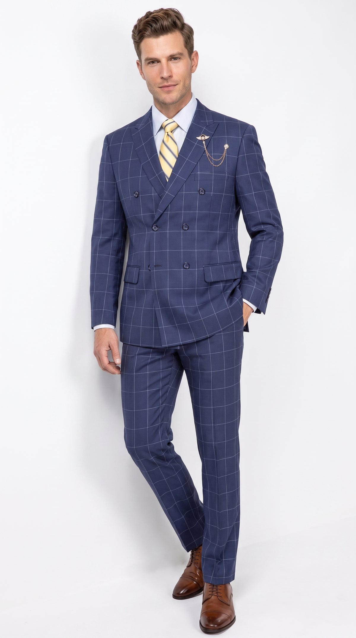 Mens Blue Plaid Double-Breasted Suit – Side-Vented Wedding, Business and Formal Suit  Modern Fit