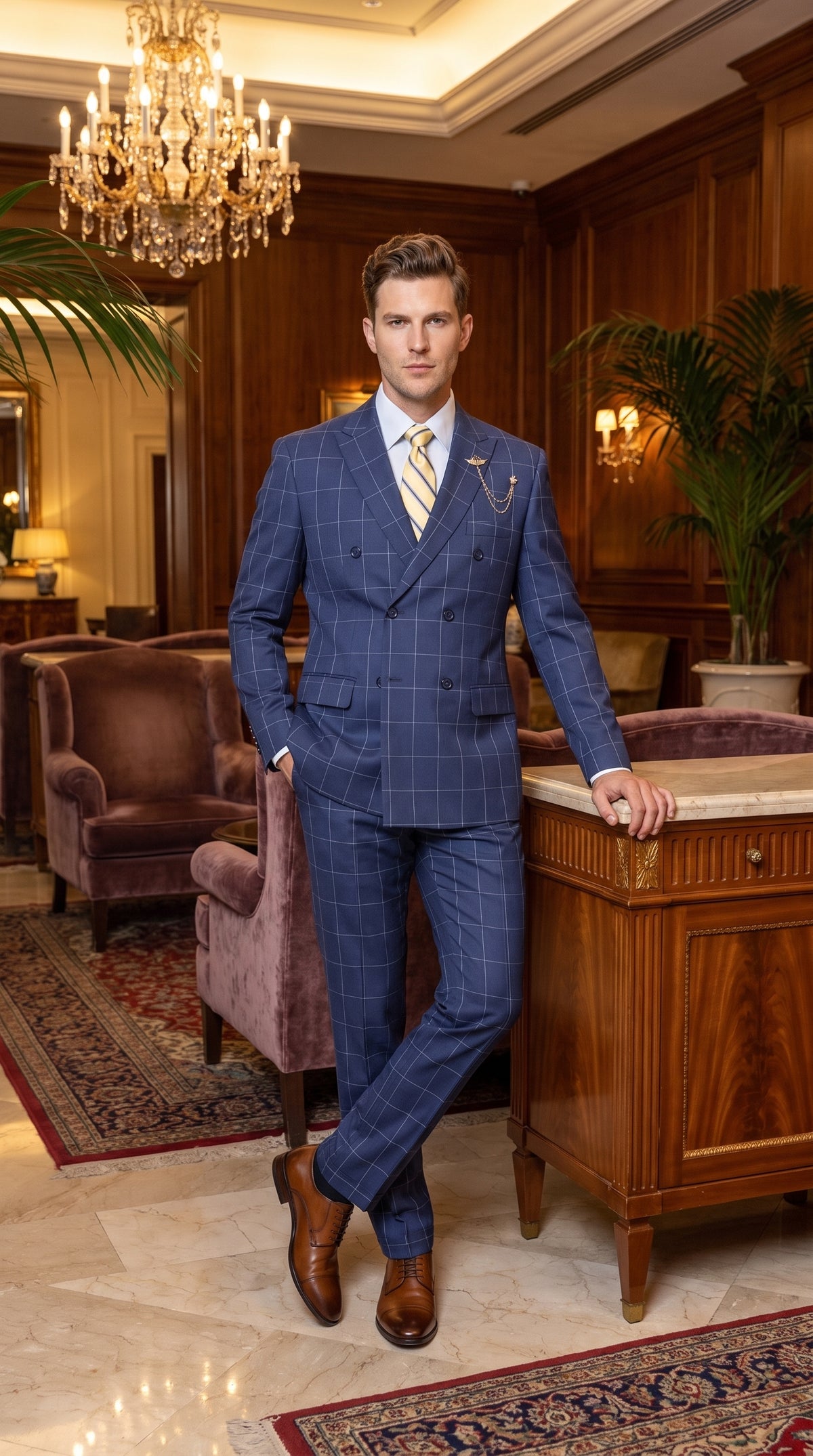 Mens Blue Plaid Double-Breasted Suit – Side-Vented Wedding, Business and Formal Suit  Modern Fit