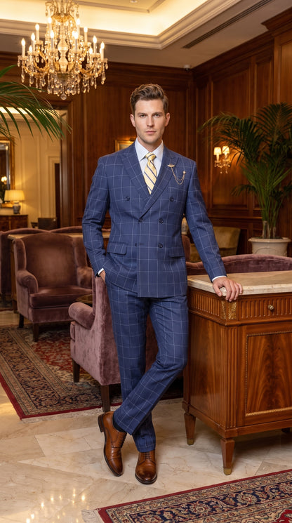 Mens Blue Plaid Double-Breasted Suit – Side-Vented Wedding, Business and Formal Suit  Modern Fit