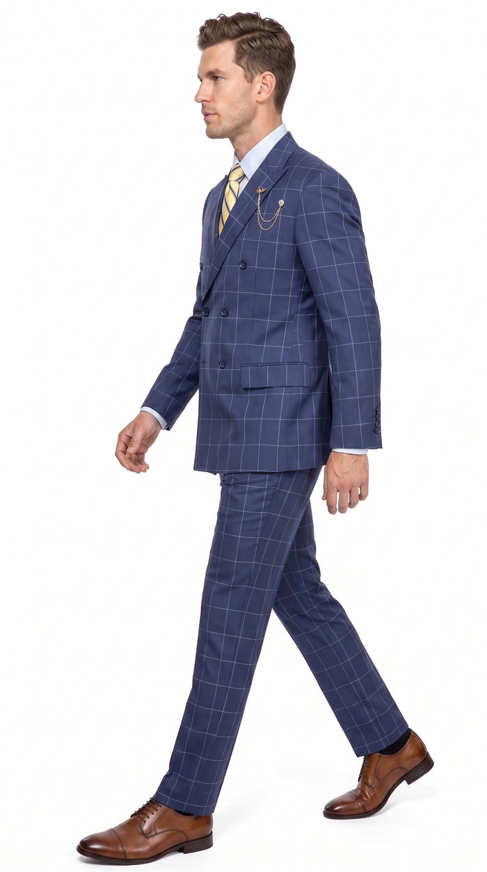 Mens Blue Plaid Double-Breasted Suit – Side-Vented Wedding, Business and Formal Suit  Modern Fit