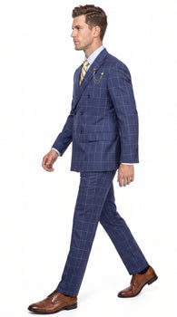 Men’s Blue Plaid Double-Breasted Suit – Side-Vented Wedding, Business and Formal Suit