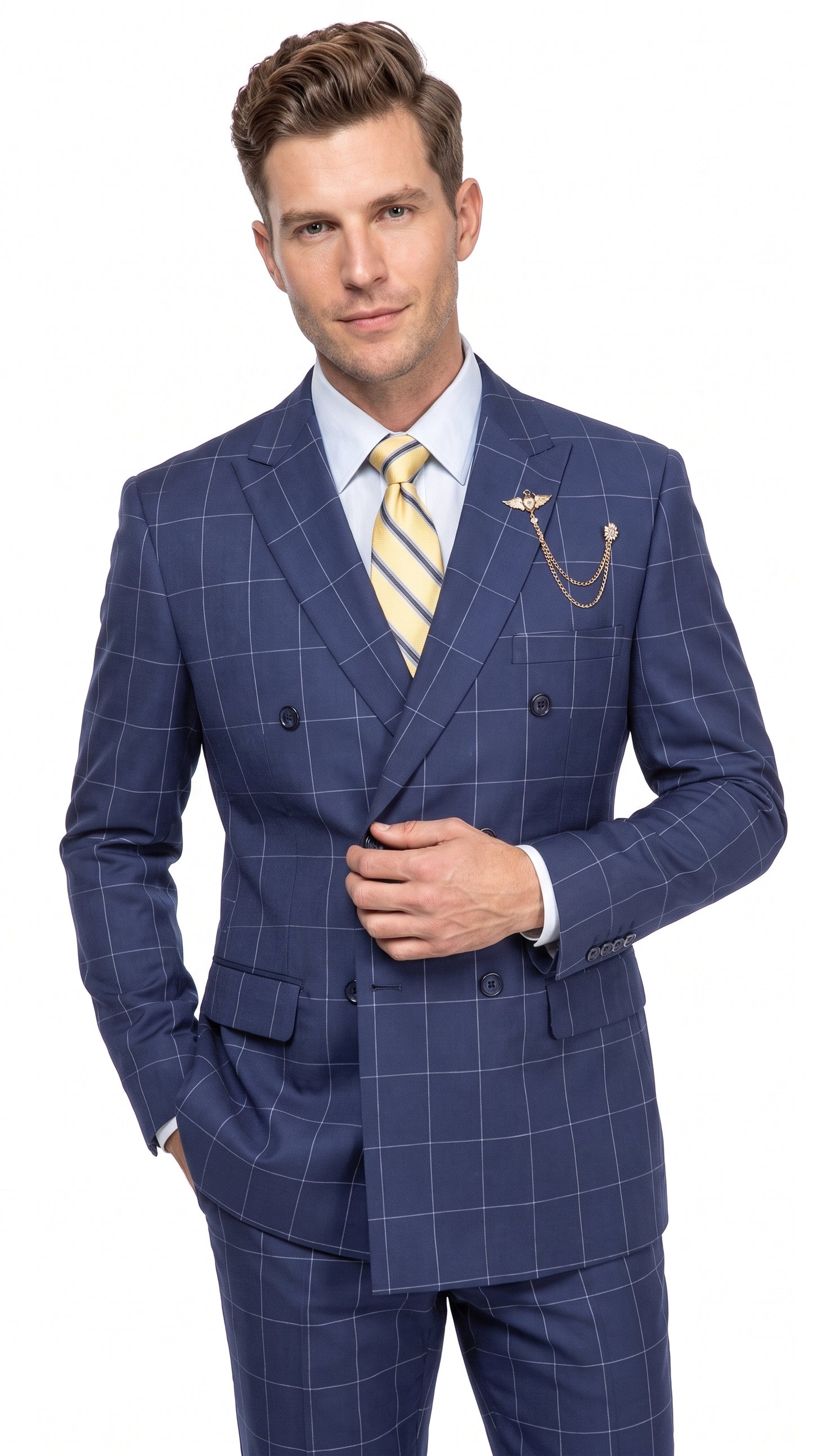 Mens Blue Plaid Double-Breasted Suit – Side-Vented Wedding, Business and Formal Suit  Modern Fit