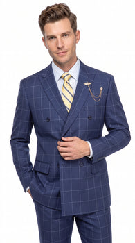 Men’s Blue Plaid Double-Breasted Suit – Side-Vented Wedding, Business and Formal Suit