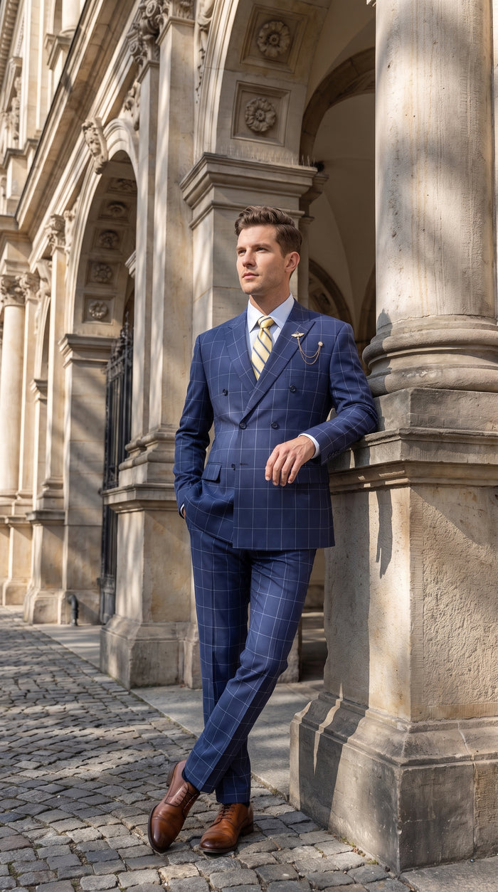 Mens Blue Plaid Double-Breasted Suit – Side-Vented Wedding, Business and Formal Suit  Modern Fit
