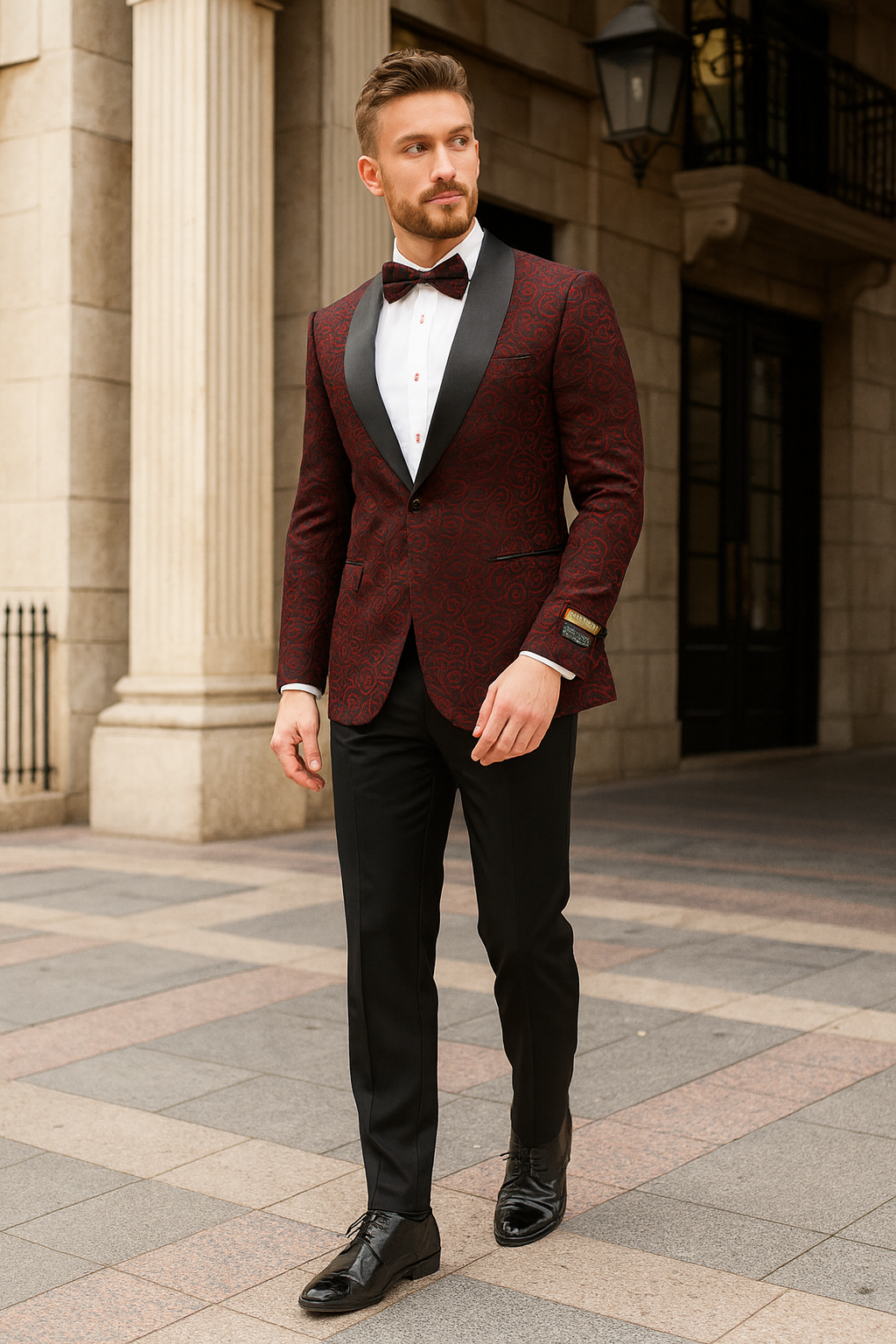 Burgundy Paisley Slim Fit Tuxedo Jacket with Black Satin Lapel