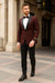 Men’s Burgundy Paisley Tuxedo Jacket – Slim Fit Dinner Blazer with Black Satin Lapel With Bowtie
