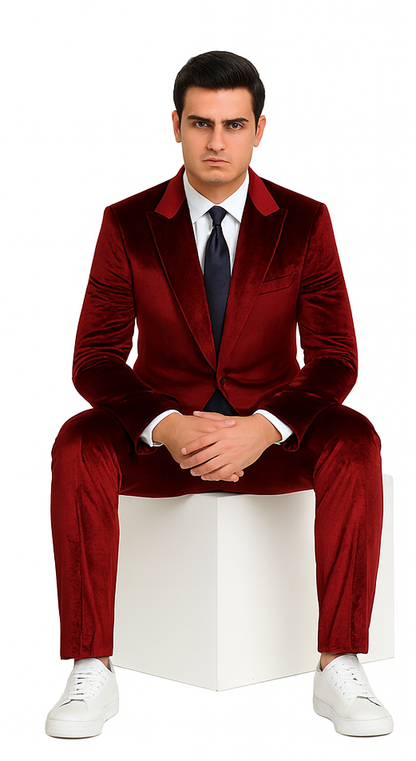 Men’s Velvet Burgundy Suit – Slim Fit 2-Piece Formalwear Set by Tazzio