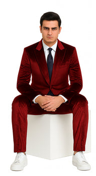 Men’s Velvet Burgundy Suit – Slim Fit 2-Piece Formalwear Set by Tazzio
