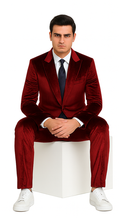 Men’s Velvet Burgundy Suit – Slim Fit 2-Piece Formalwear Set by Tazzio