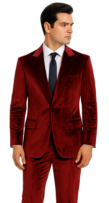 Men’s Velvet Burgundy Suit – Slim Fit 2-Piece Formalwear Set by Tazzio