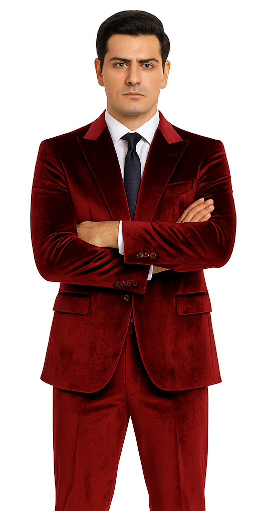 Men’s Velvet Burgundy Suit – Slim Fit 2-Piece Formalwear Set by Tazzio