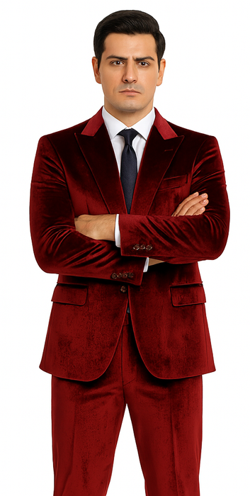 Men’s Velvet Burgundy Suit – Slim Fit 2-Piece Formalwear Set by Tazzio