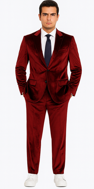 Men’s Velvet Burgundy Suit – Slim Fit 2-Piece Formalwear Set by Tazzio