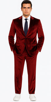 Men’s Velvet Burgundy Suit – Slim Fit 2-Piece Formalwear Set by Tazzio