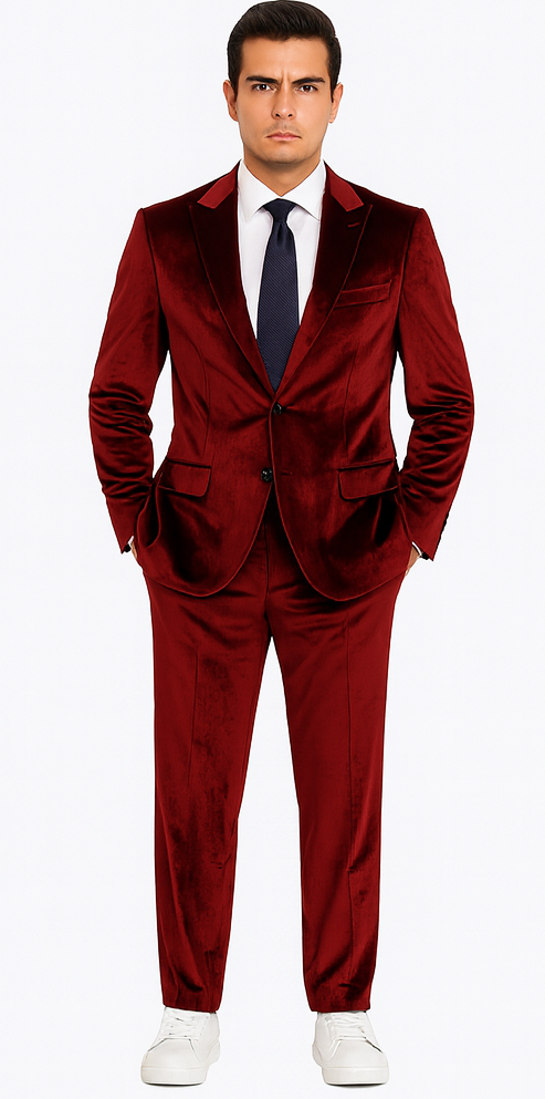 Men’s Velvet Burgundy Suit – Slim Fit 2-Piece Formalwear Set by Tazzio