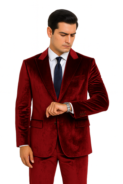 Men’s Velvet Burgundy Suit – Slim Fit 2-Piece Formalwear Set by Tazzio